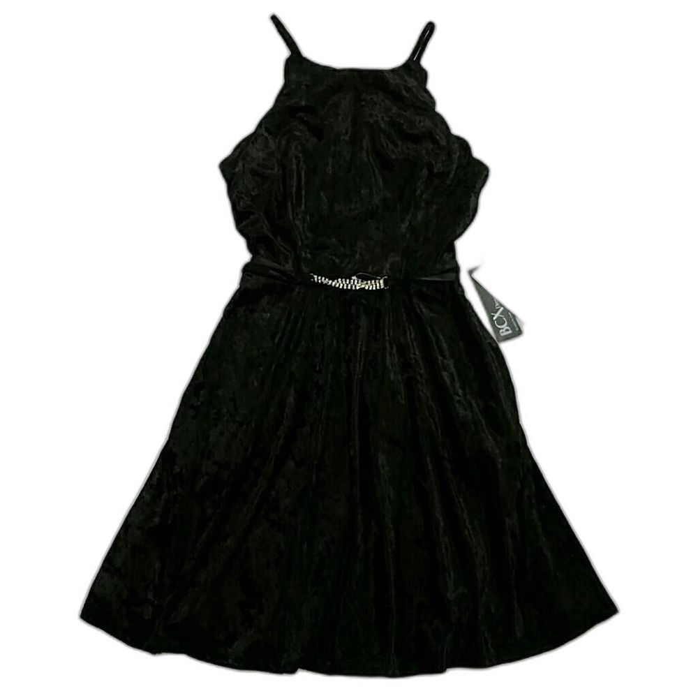 BCX Girls New With Tags Black Crushed Velvet Halter Dress Rhinestone Belt